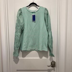Addison Bay Green and White Striped Puff-Sleeve Crewneck Top